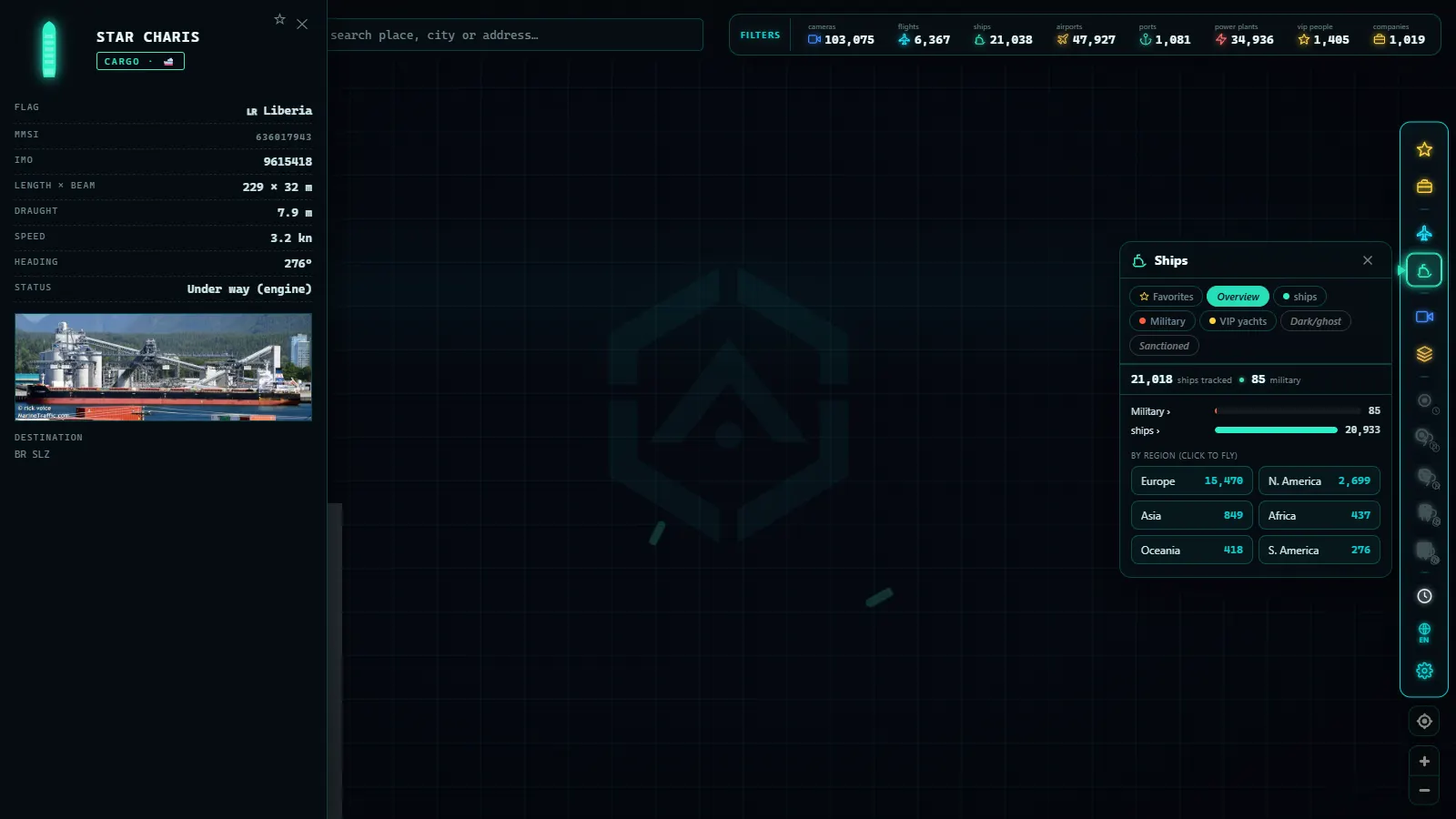 ARGOS ATLAS with the detail card, the ships panel and the filters open at once