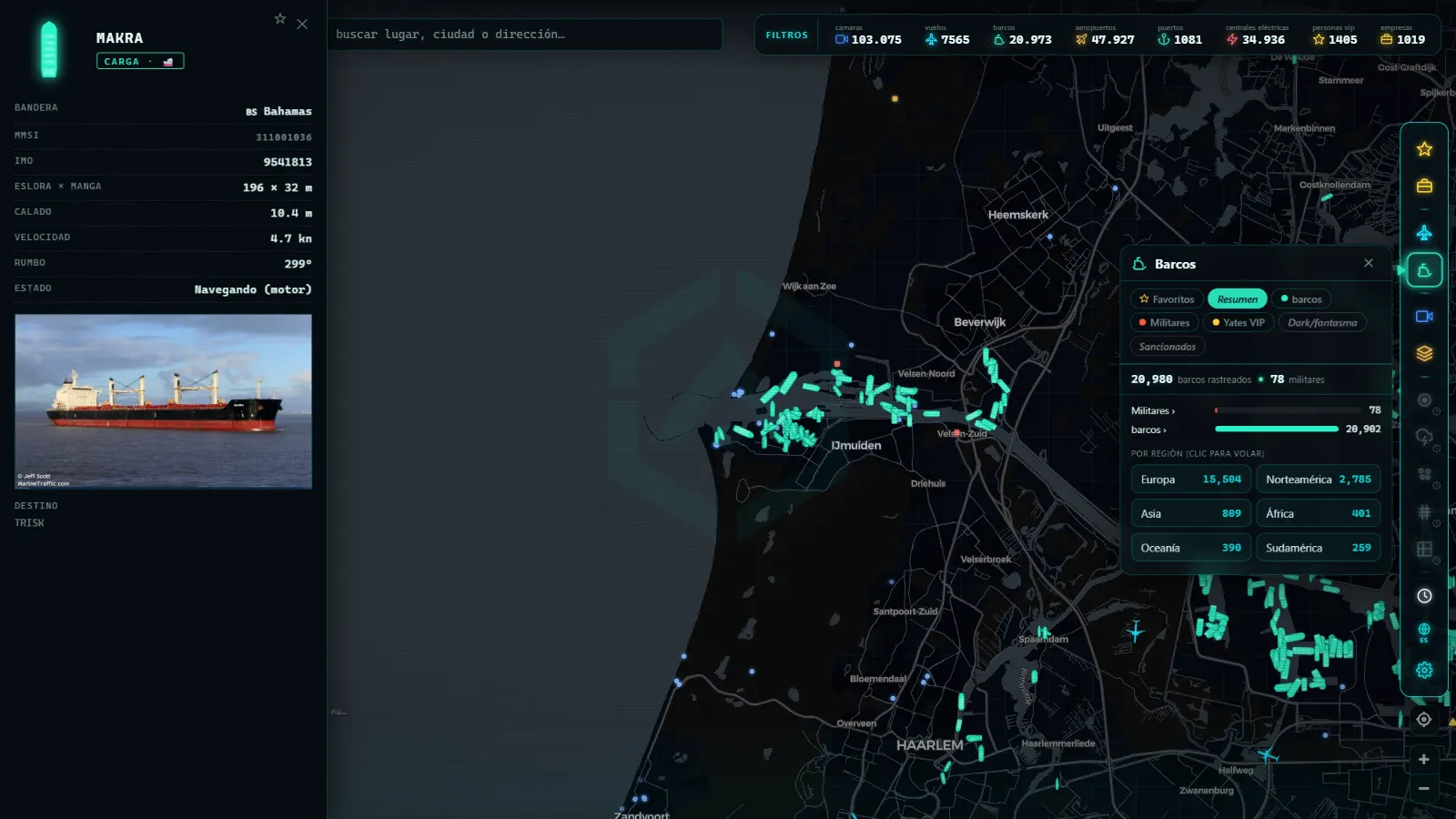 ARGOS ATLAS con la ficha, el panel de barcos y los filtros abiertos a la vez