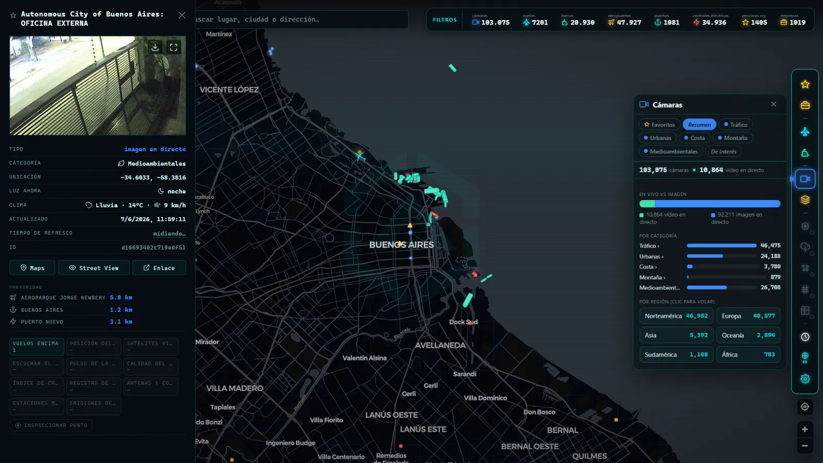 ARGOS ATLAS con la ficha, el panel de cámaras y los filtros abiertos a la vez