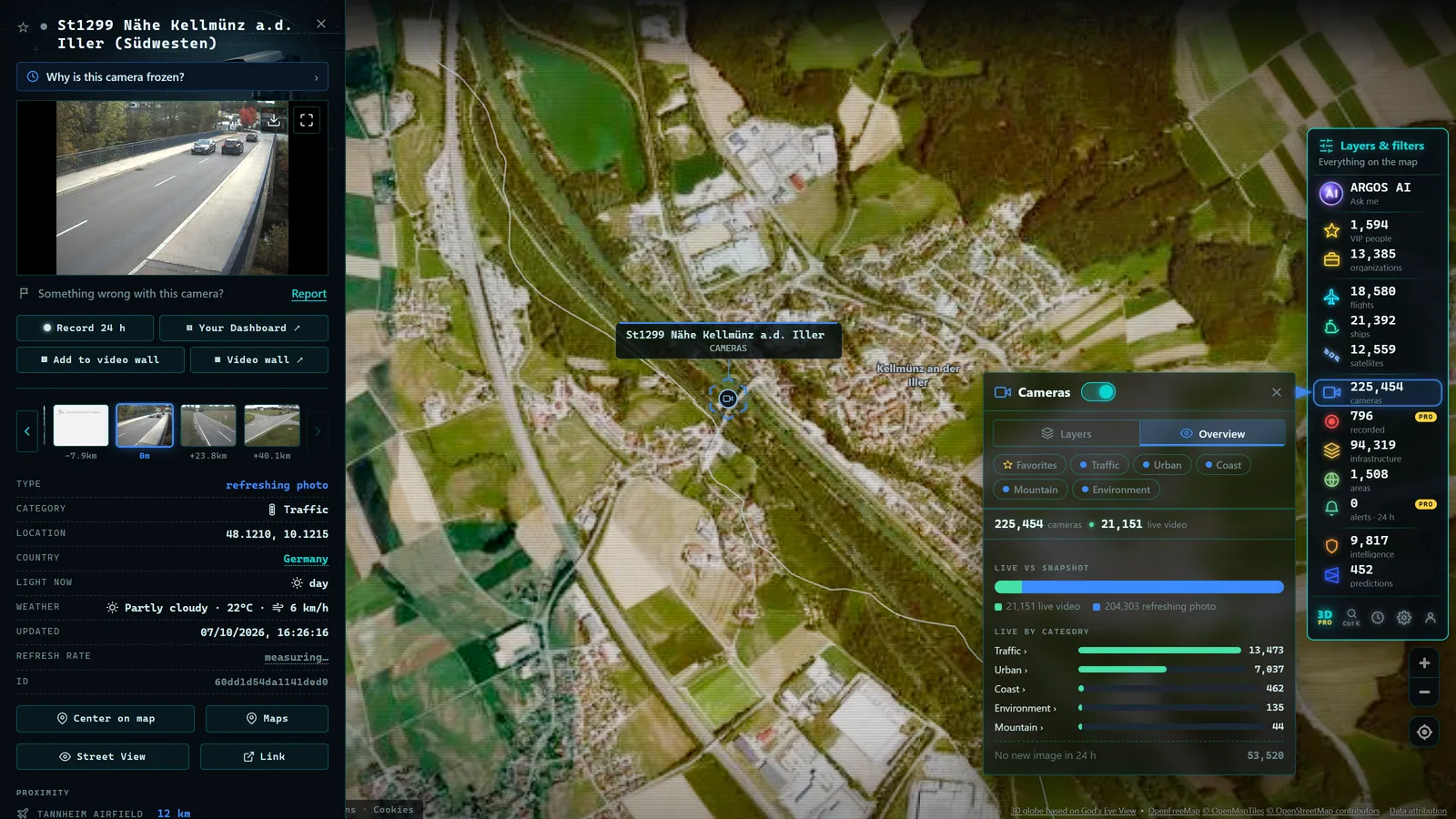 ARGOS ATLAS with the detail card, the cameras panel and the filters open at once