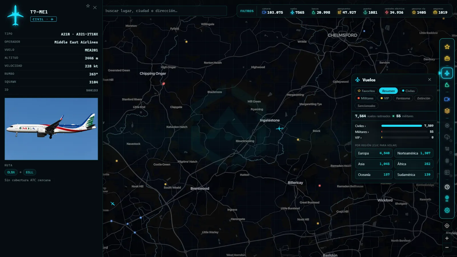 ARGOS ATLAS con la ficha, el panel de vuelos y los filtros abiertos a la vez