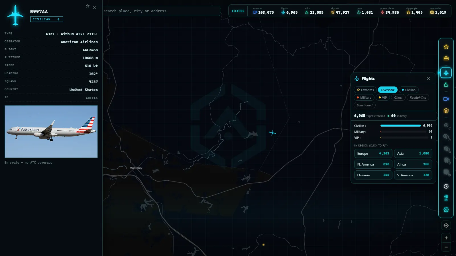 ARGOS ATLAS with the detail card, the flights panel and the filters open at once