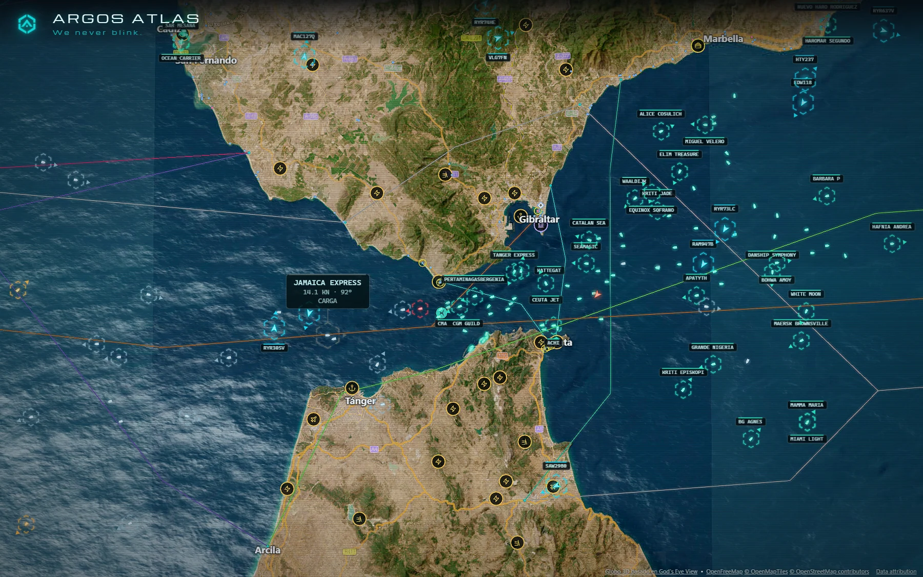Tráfico marítimo por AIS en el estrecho de Gibraltar en ARGOS ATLAS, con todas las capas encendidas