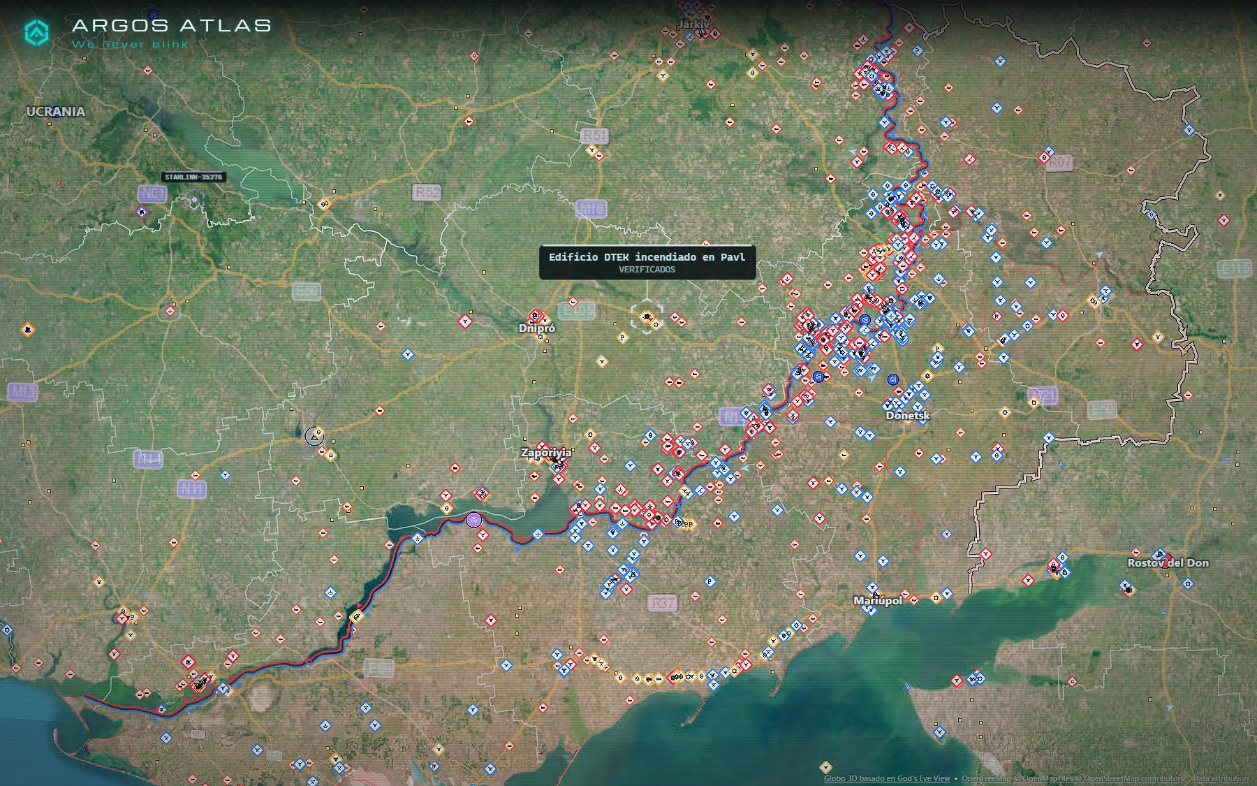 El frente de Rusia y Ucrania en ARGOS ATLAS, de Jersón a Járkiv, con el territorio ocupado y los eventos verificados