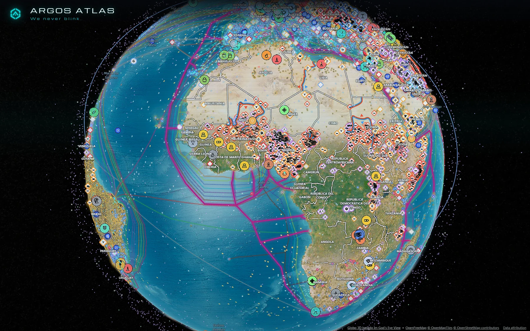 El cable submarino 2Africa rodeando África en ARGOS ATLAS, con todas las capas encendidas