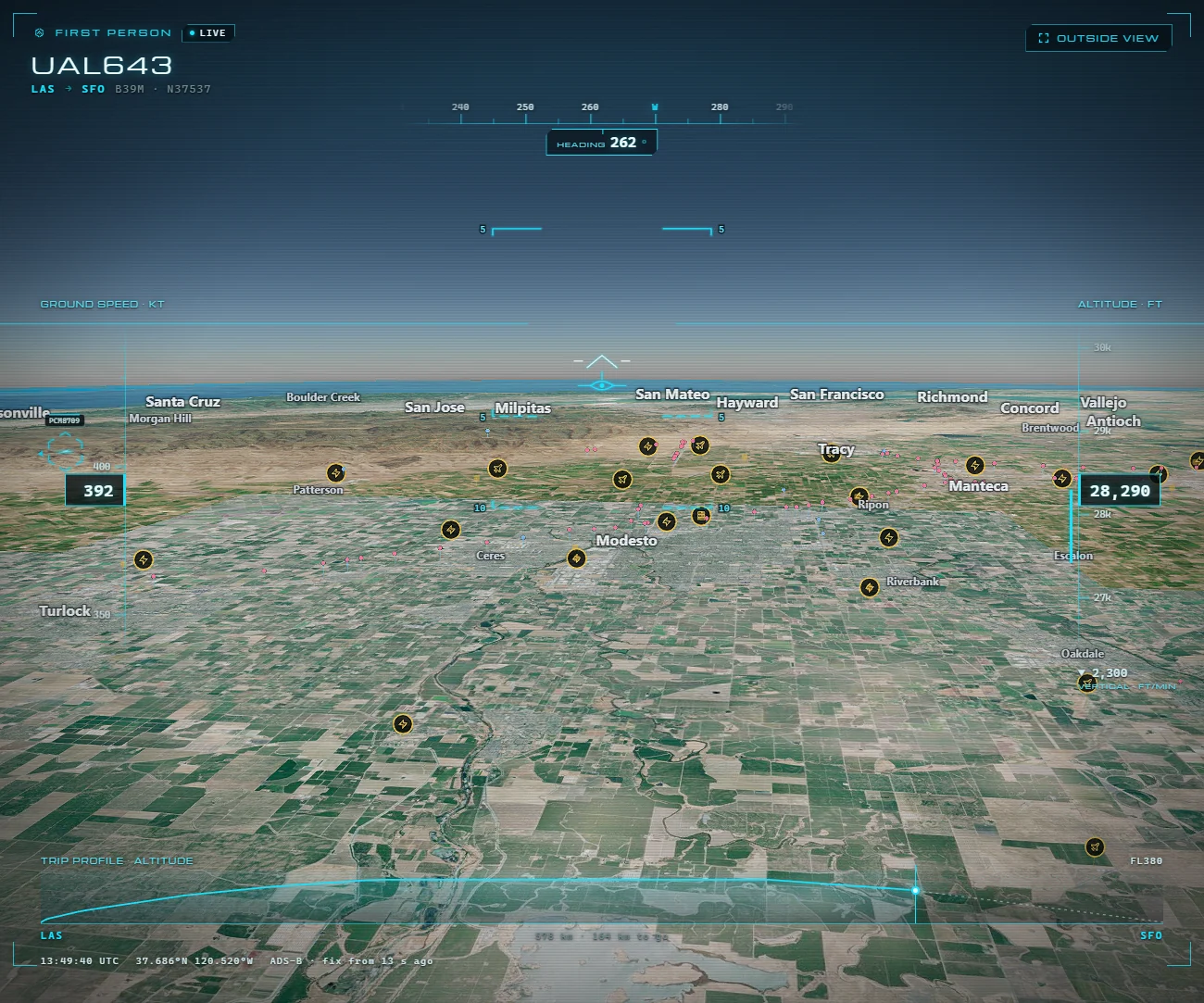 A flight in first person on the 3D globe, over California heading for San Francisco