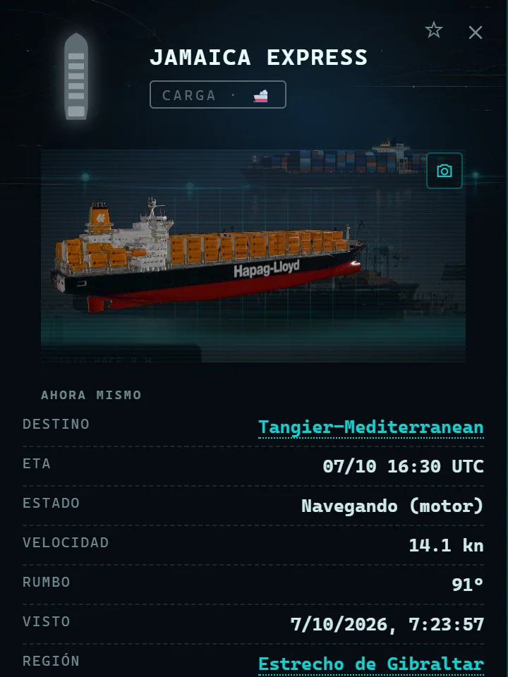 Ficha real de un buque: el portacontenedores JAMAICA EXPRESS, de 271 m, cruzando el estrecho