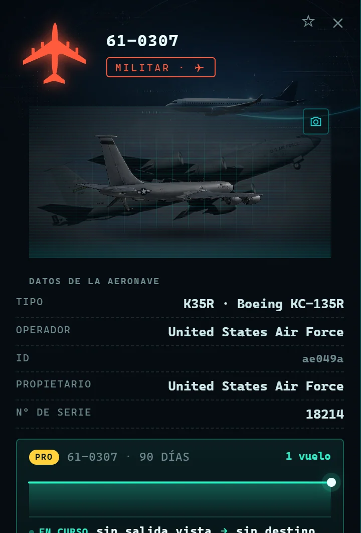 Ficha real de un avión militar en ARGOS ATLAS: un KC-135 de la USAF sobre el Mediterráneo oriental, con su modelo 3D