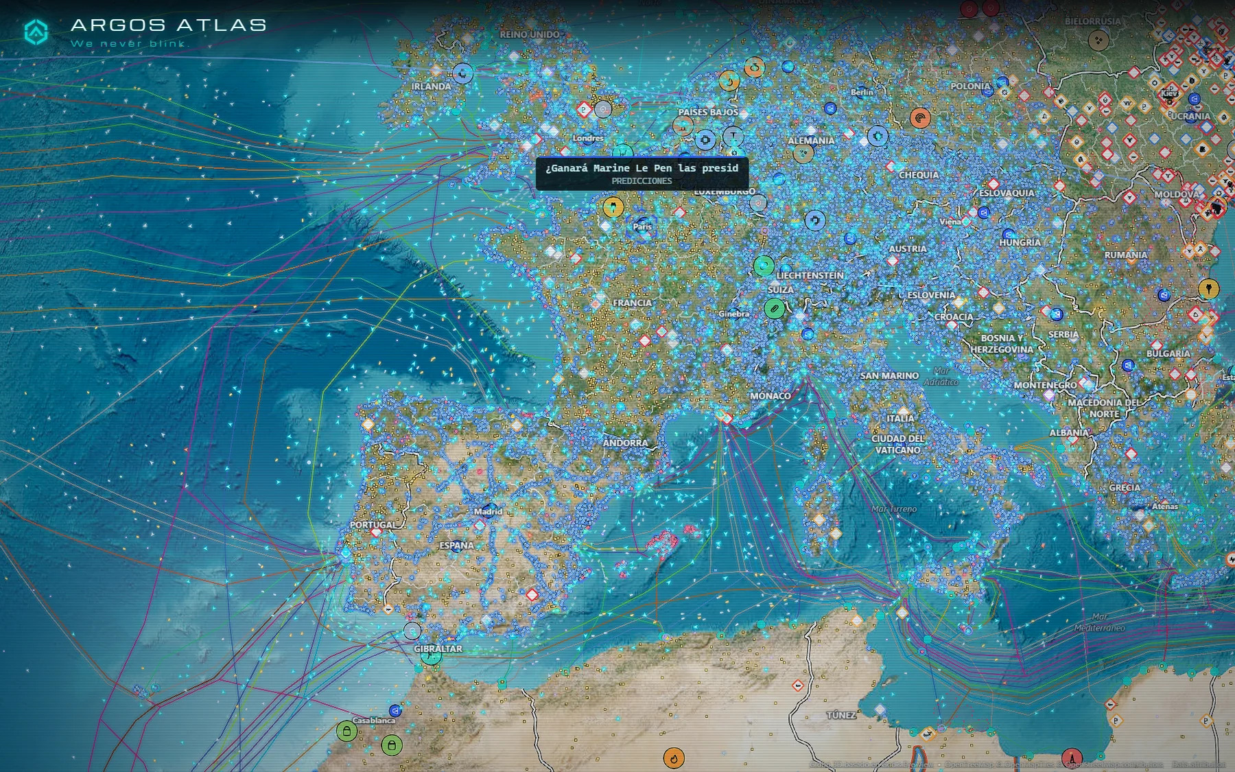Mercados de predicción geolocalizados sobre el mapa con el ticker de oportunidades