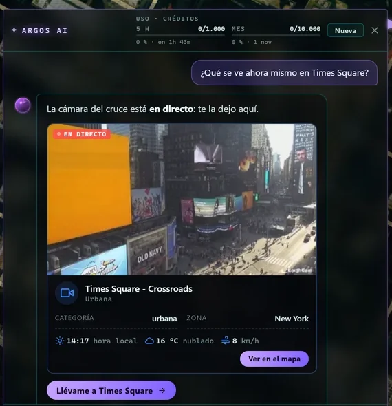 ARGOS AI contestando con la cámara de Times Square en directo