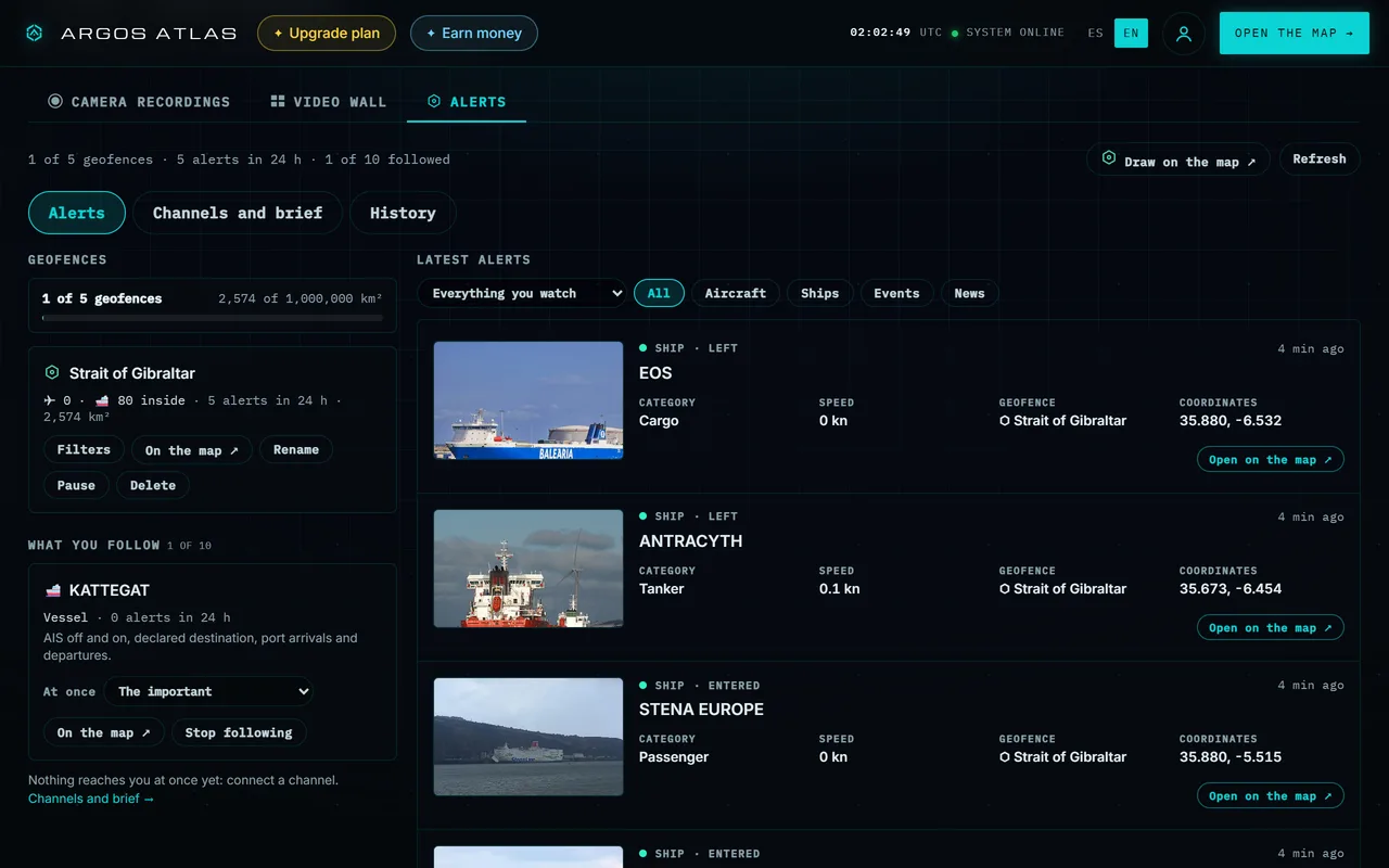 Your Dashboard's Alerts tab: ships entering and leaving the Strait of Gibraltar, with their pictures