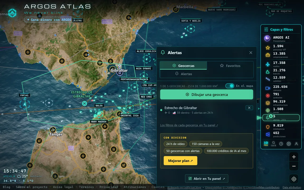 Una geocerca sobre el estrecho de Gibraltar, con los barcos que hay dentro y su panel