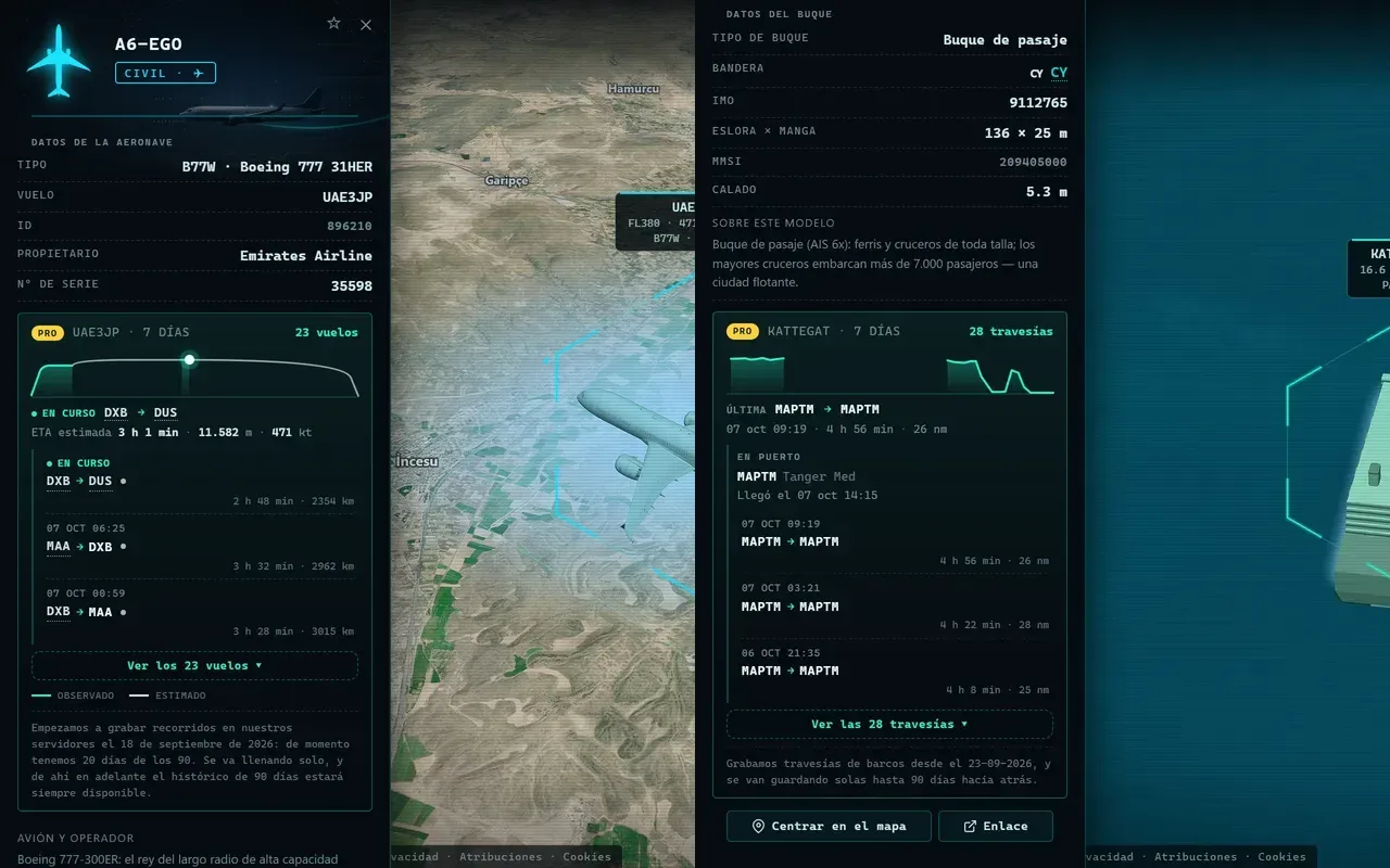 La ficha de un Boeing 777 de KLM con sus vuelos de la semana y la de un ferri con sus travesías por el estrecho